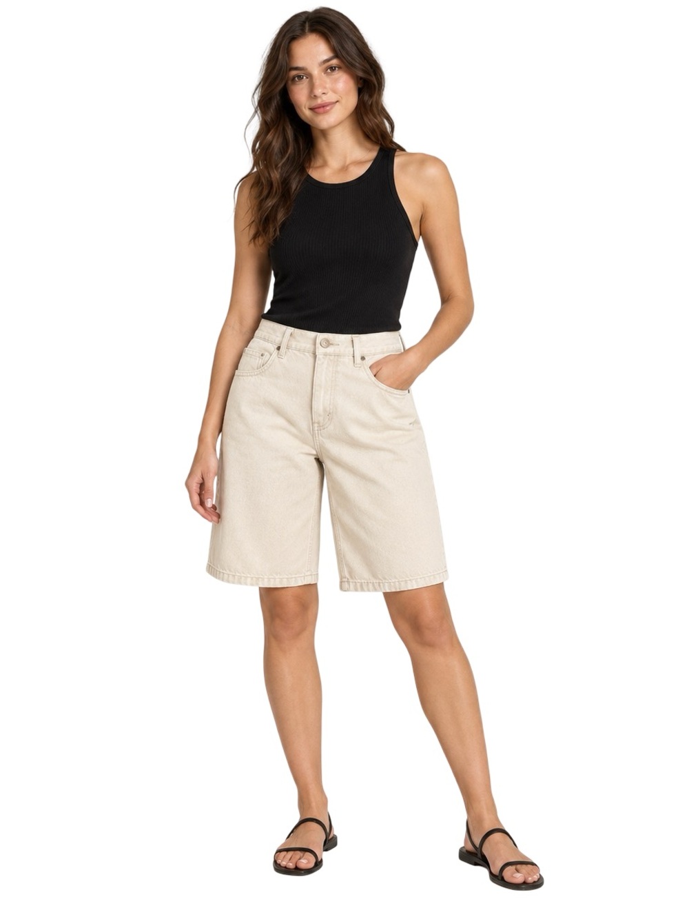 NWT ZARA Signature Denim Elasticated Bermuda Shorts Ecru Women’s Small